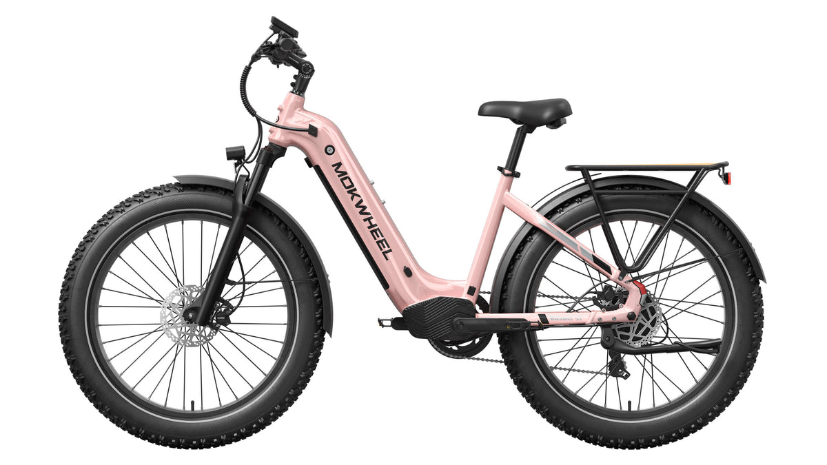 Open-Box Mokwheel Basalt ST 2.0 — Pink step-through fat-tire e-bike at Mokwheel Factory Store, Tualatin