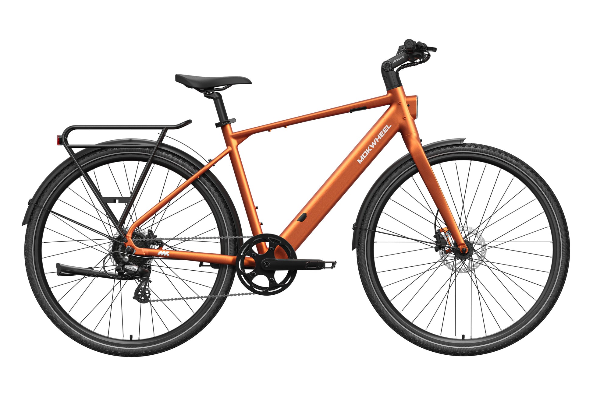 Mokwheel Flint electric bike in orange – lightweight ebike for city commuters.