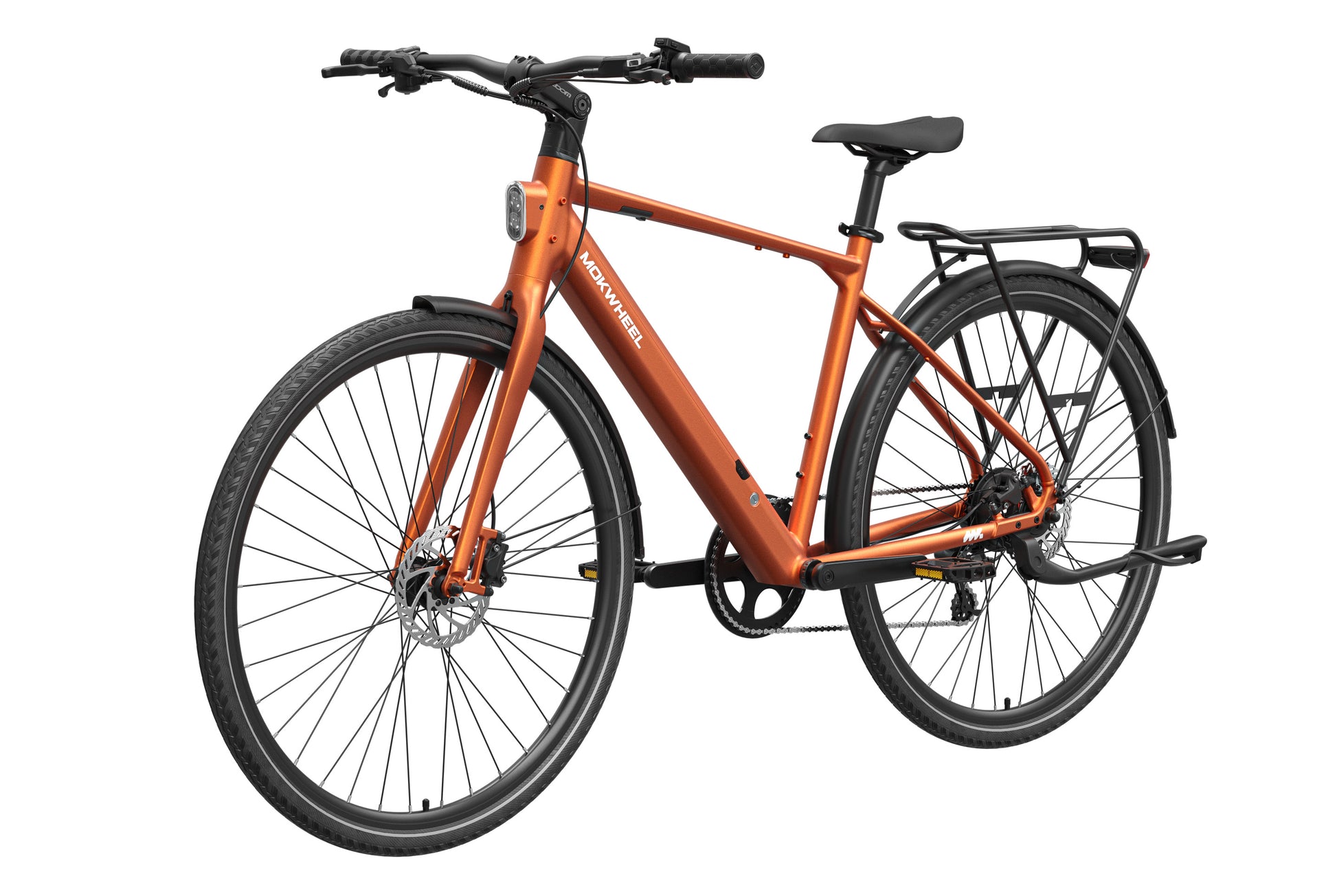 Mokwheel Flint orange electric bike angle view.